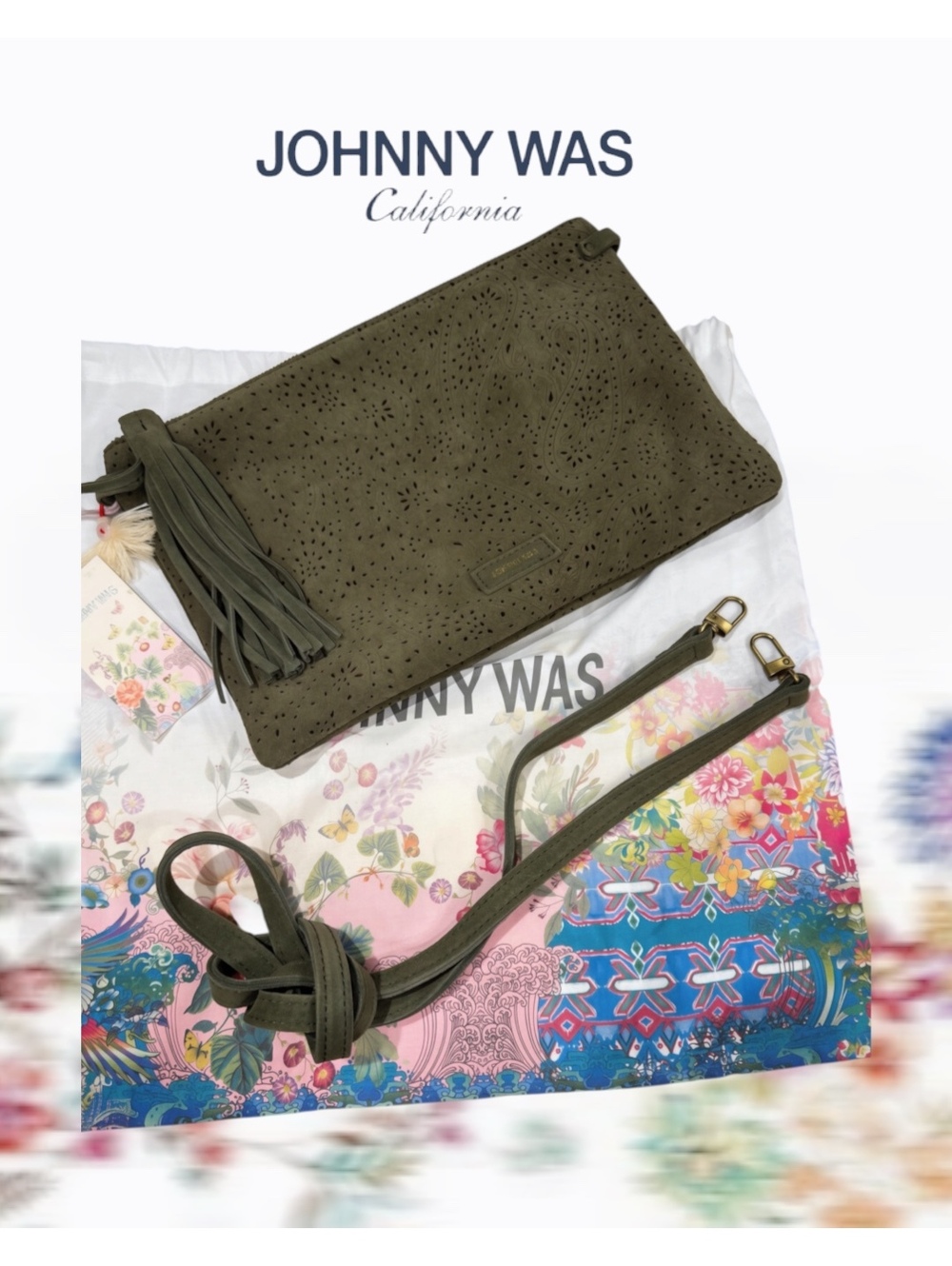 NWT Johnny Was Paisley Italian Perforated Suede Crossbody Bag Sage Gre